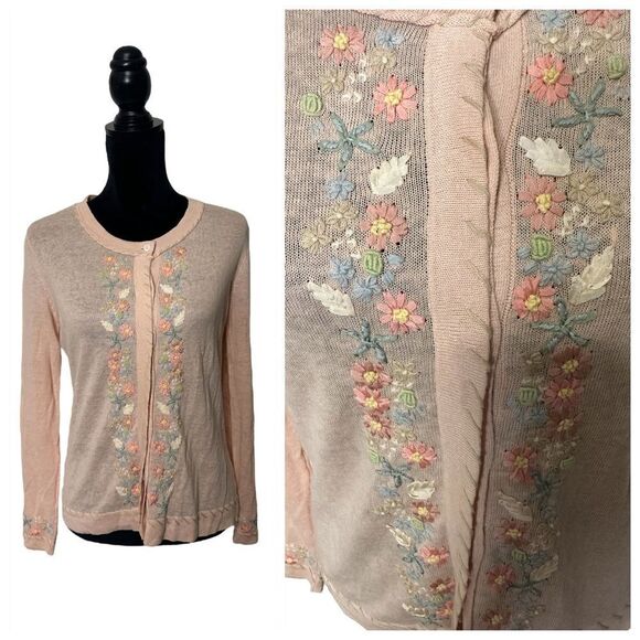 Orvis Vintage Y2K Floral Embroidered Linen Blend Cardigan Blush Pink Size Small - Picture 1 of 16
